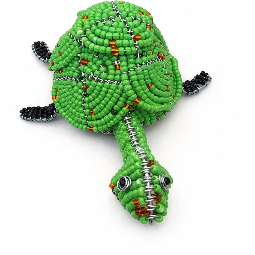 Handmade Beaded Turtle Sculpture Green Wire Art Figurine 3D Artisan Decor